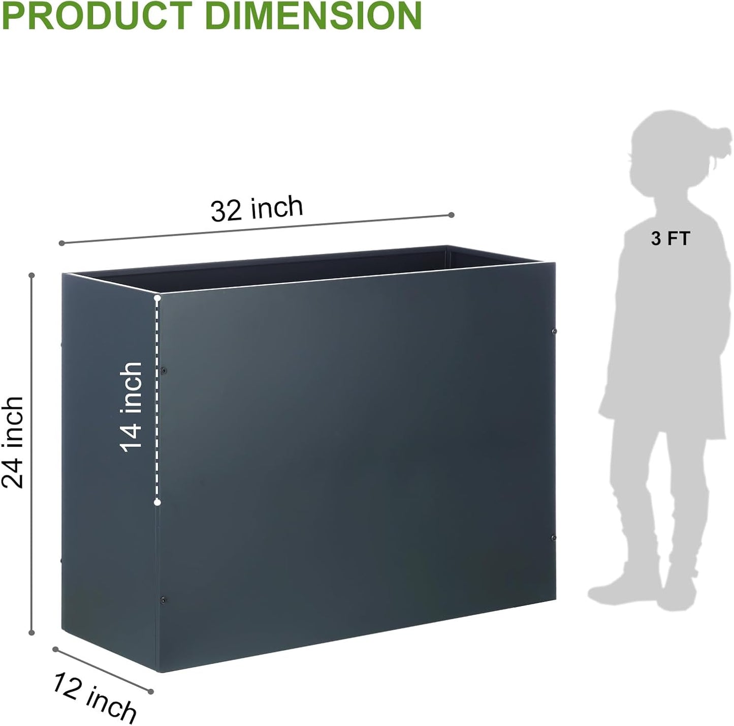 BAYN Metal Rectangular Planter Box Tall Planters for Outdoor Plants Modern Heavy Duty with Drainage Holes for Outside Indoor Patio Deck - Grey, 32”x 12”x 24”