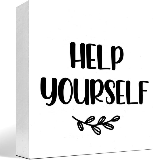 Help Yourself White Wood Block Sign Desk Decor,Rustic Wooden Box Plaque Sign for Home Bedroom Farmhouse Shelf Table Decor