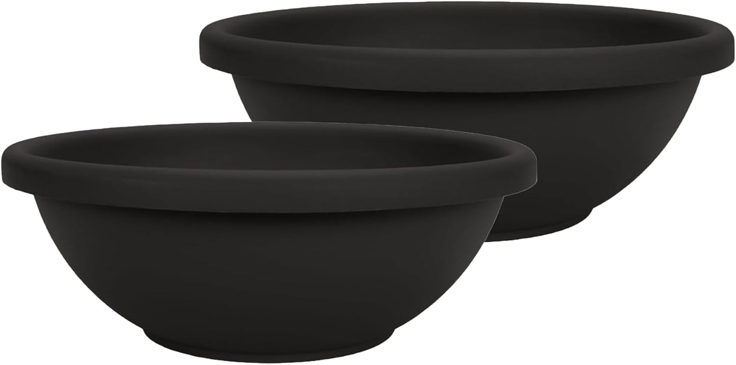 The HC Companies Shallow Planter with Drainage - Contemporary Garden Bowl Planter for Flowers, Herbs & More - Round Succulent Planter Pot for Indoors and Outdoors (15.5" Black, Pack of 2)