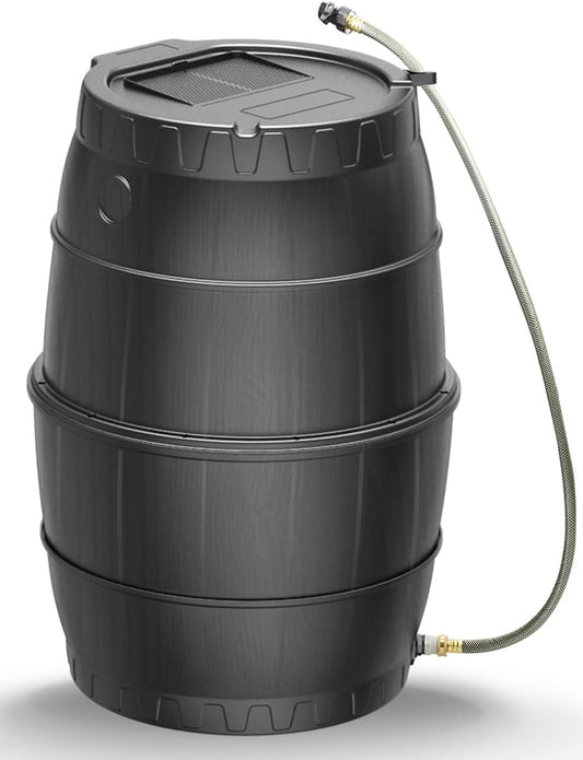 SQUEEZE master 50 Gallon Rainwater Collection Barrel Without Stand-BPA Free Home Rain Catcher with Water Diverter, Outlet Hose-Flatback Designed Water Storage Collection Barrel for Gardens and Plants