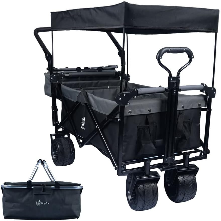 Collapsible Wagon Heavy Duty Folding Wagon Cart with Removable Canopy, 4" Wide Large All Terrain Wheels, Brake, Adjustable Handles,Cooler Bag Utility Carts for Outdoor Beach Cart Garden Wagons Carts