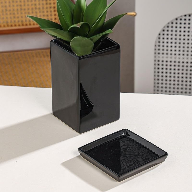 Square Plant Saucer 10 Inch 1 Pack，Plant Trays for Pots, Black Ceramic Plant Saucers for Indoors Outdoors, Plant Drip Tray 4 6 8 10 12 14 Inch