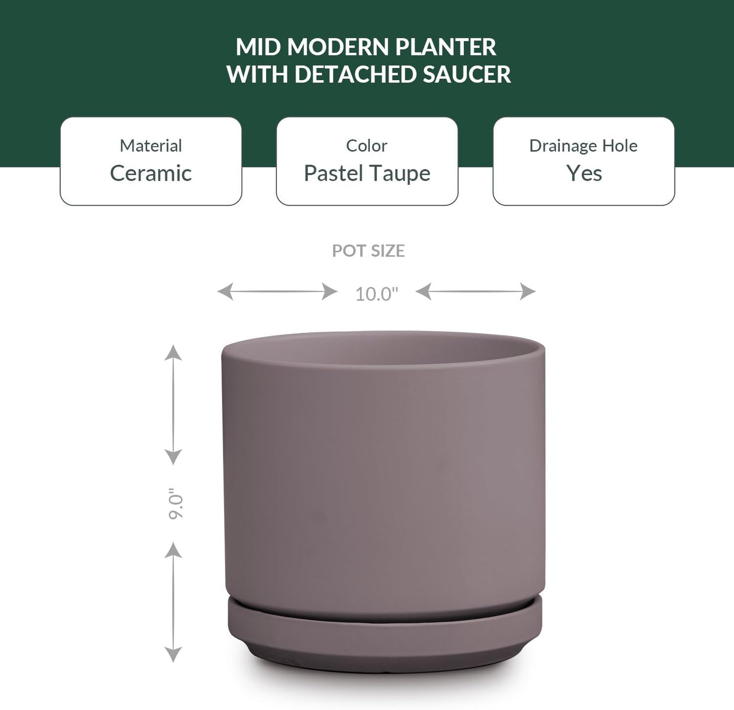Ceramic Mid Modern Planter Pots with Detached Saucer - Indoor/Outdoor Plant Pots with Drainage Hole