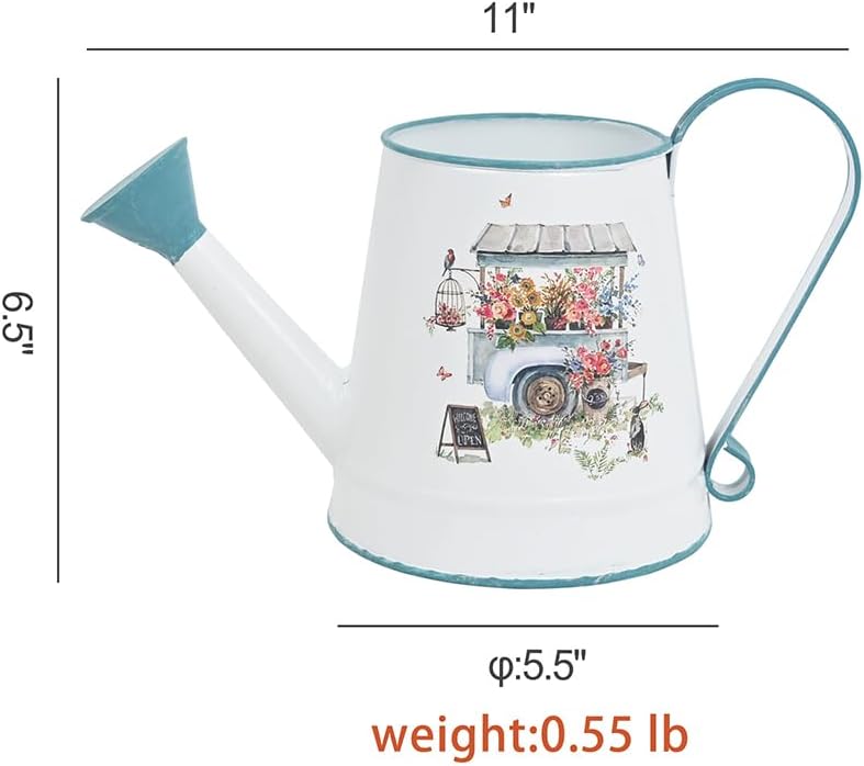 Cute Small Watering Can Indoor Plants Garden Metal Decorative Watering Cans for Outdoor Plants Bonsai Outdoor Garden Flower Decorative (White Blue, 1.5L, 50.7 Oz)