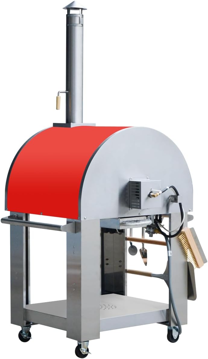 32.5 inch Propane Gas and Wood Fired Pizza Oven with Waterproof Cover, Large Stainless Steel Pizza Oven for Outdoor, Backyard and Party (Red)