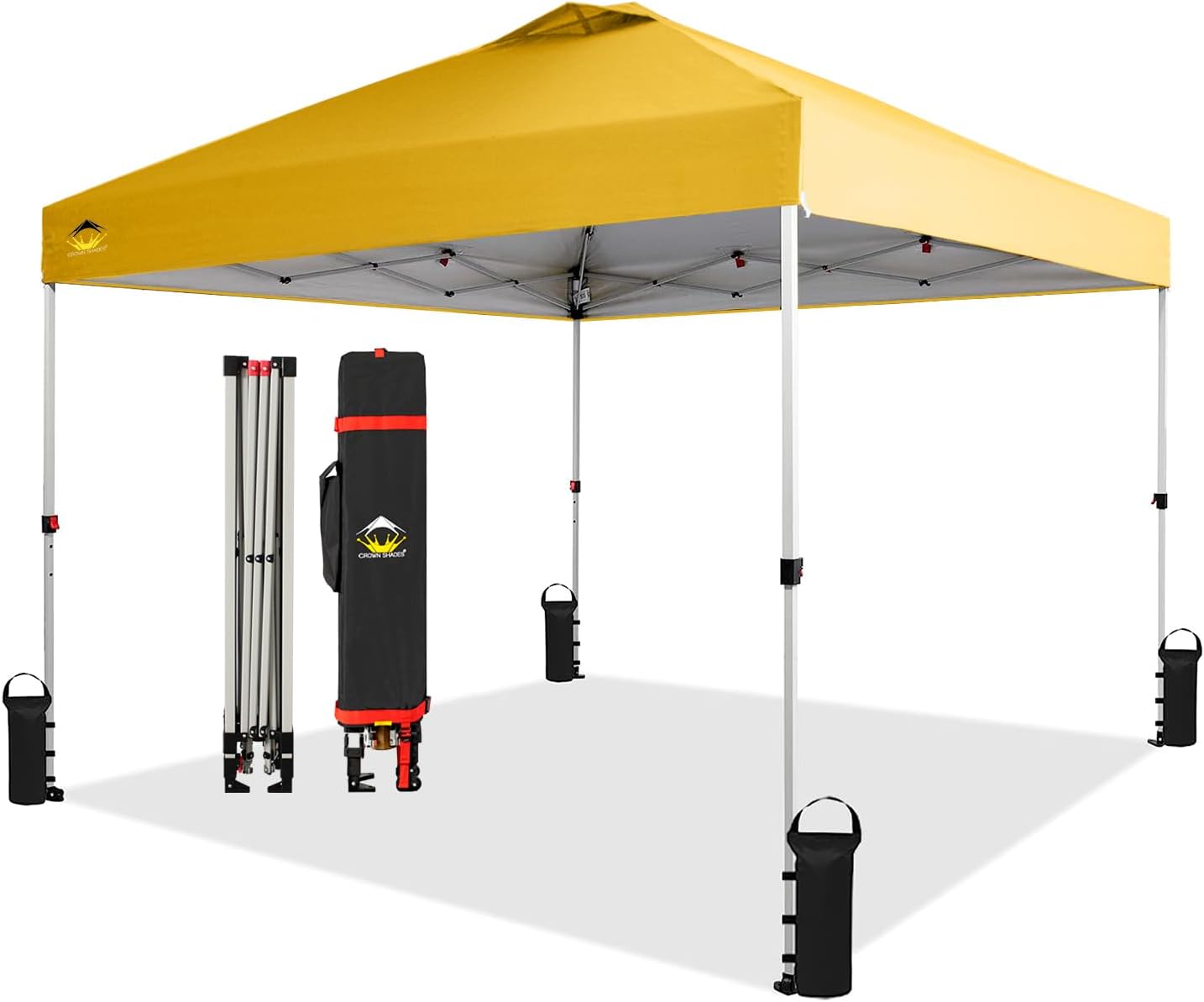 Crown Shades 10x10 Pop Up Canopy - Beach Tent with One Push Setup - Outdoor Sun Shade for Events, Parties, Camping - Gazebo with STO-N-Go Cover Bag, Silver Coated Top, 3 Height& 4 Sand Bags, Yellow