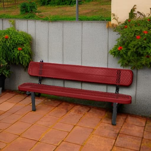 Coated Outdoor Furniture Heavy-Duty Outdoor Bench Thermoplastic Coated, Expanded Metal, Commercial-Grade Seating, Made in America (Inground with Back, 6 Ft, Textured Burgundy)