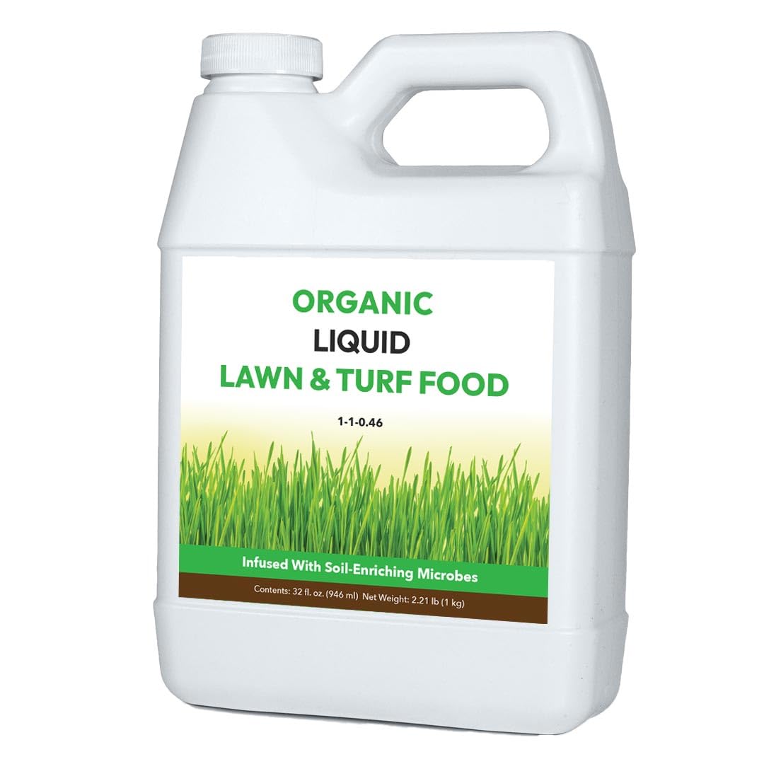 Organic Liquid Lawn & Turf Food - Quickly Rejuvenates Lawn Health and Restores Rich Green Colors to Depleted Grass | Infused with Soil Enriching Microbes (32oz, Treats Up to 5,000 Sq. Feet)