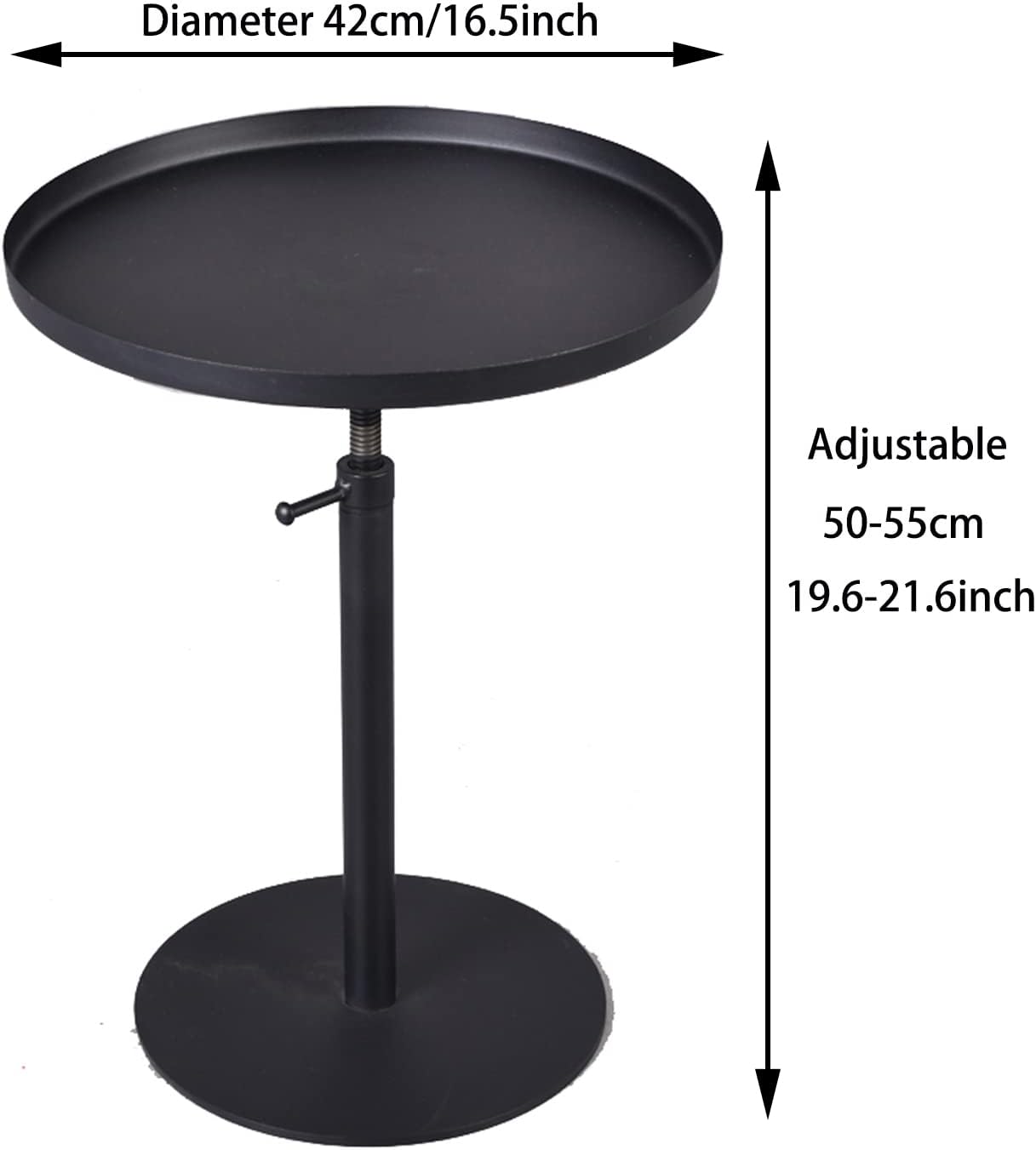 Outdoor Side Table,Tray Metal Sofa End Table, Accent Coffee Table, Adjustable Height, Waterproof and Anti-Rust Outdoor&Indoor Snack Table, Black (Round Top)