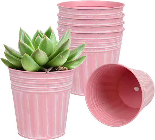vensovo 4 Inch Pink Metal Rustic Flower Pots - 6Pcs Small Galvanized Planters with Drainage Hole and Rubber Plug, Rustproof Metal Bucket Plant Pots Farmhouse Vintage Style for Decor