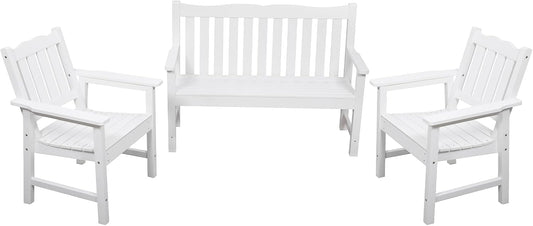 Stoog 3 Pieces All-Weather Patio Furniture Set, Include 2 Outdoor Chairs and 1 Outdoor Bench, White