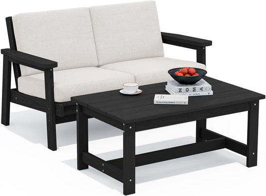 SERWALL Outdoor Loveseat, Black Frame and Khaki Cushion