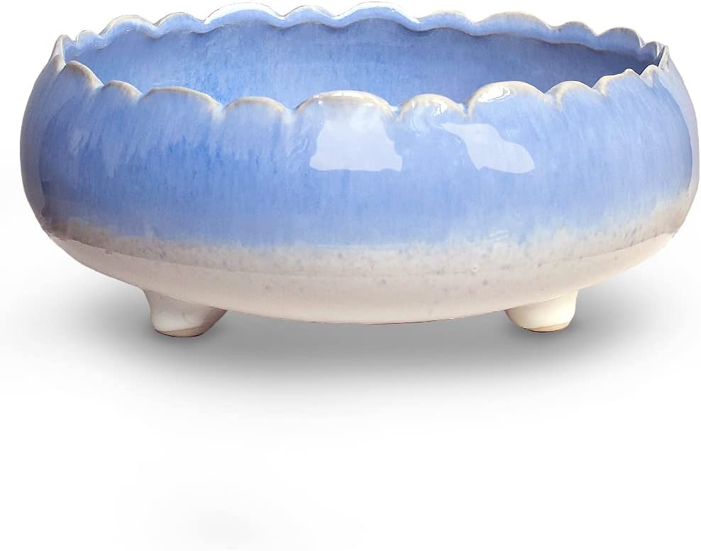Dahlia 8.3'' Inch Large/Shallow/Wide Drip Glazed Ceramic Planter/Succulent Pot/Plant Pot, Blue