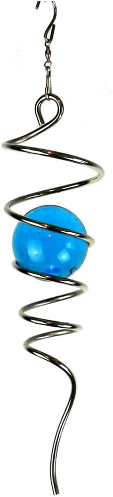 FONMY Gazing Ball Spiral Tail -Decorative Wind Spinner 11" inch Tail and 2" inch Glass Orb. Indoor Outdoor Garden Decoration Silver Blue -13 inch Height