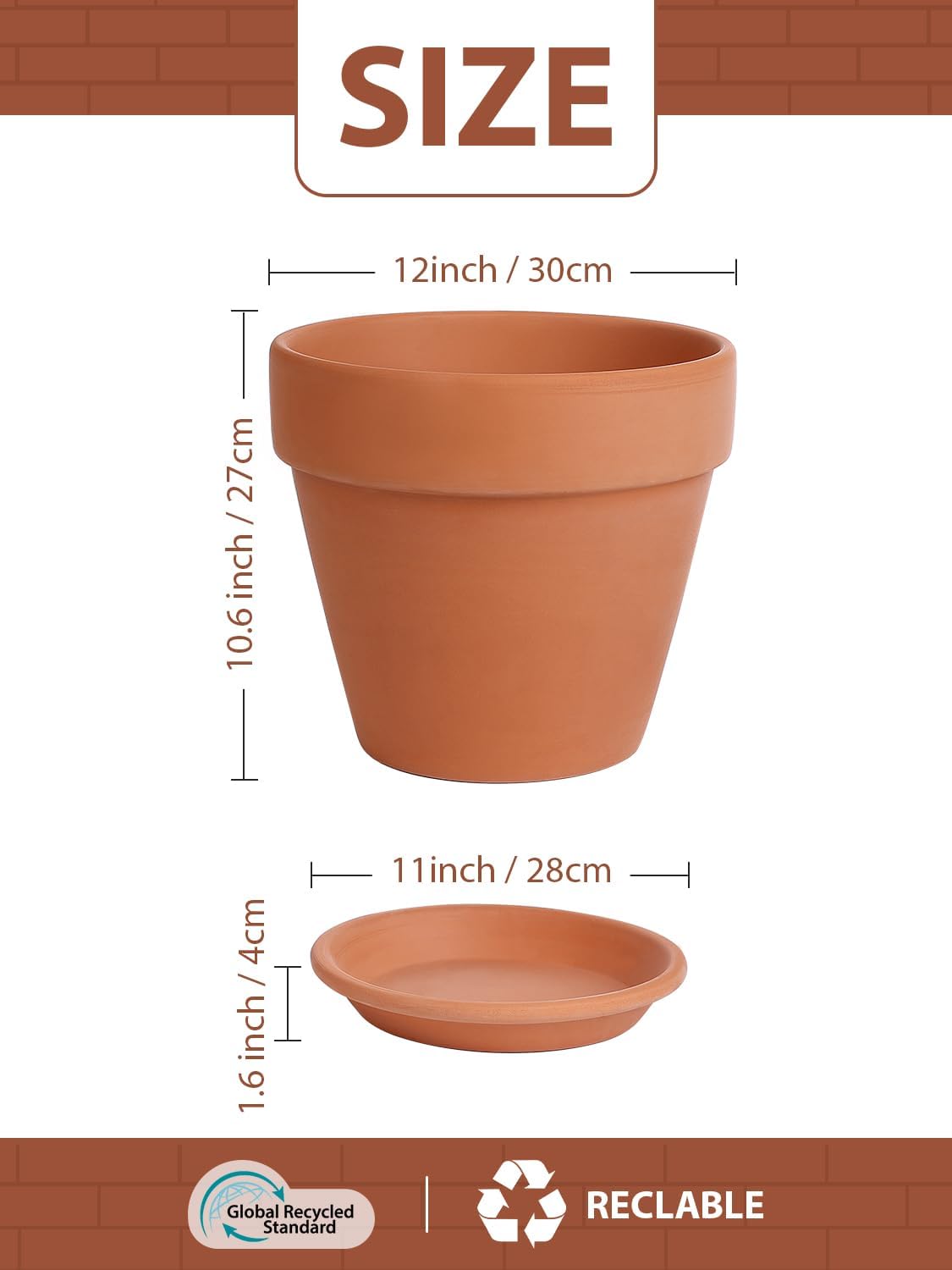 INGOFIN 12 Inch Terracotta Pot with Saucer - Ceramic Clay Pot for Plants with Drainage Hole, Large Terra Cotta Flower Planter with Tray for Indoor Outdoor Plants