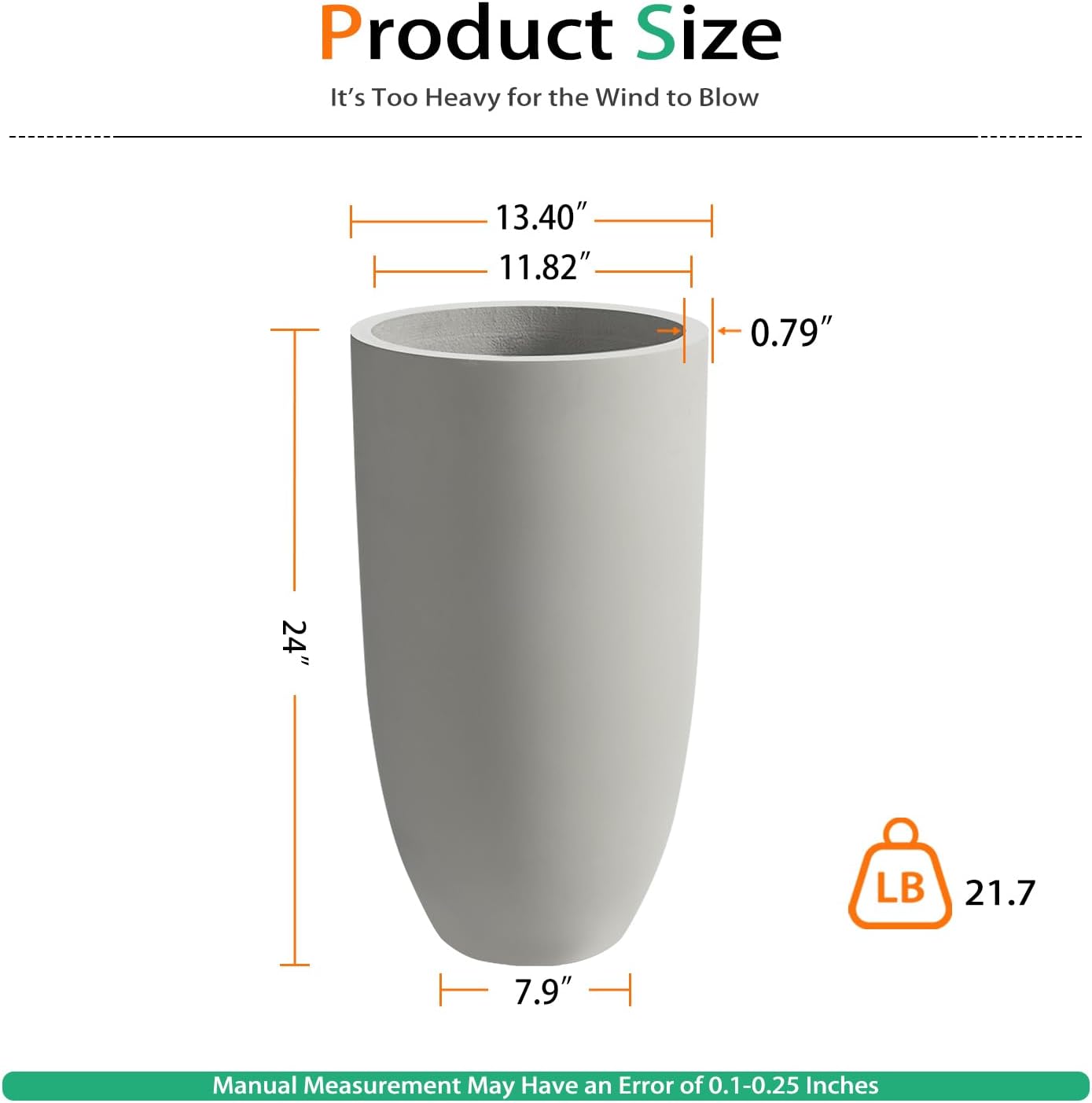 Tall Planters for Outdoor Plants, Large Concrete Flower Pots for Garden Front Porch, Patio, Indoor (Gray, 24 inch)