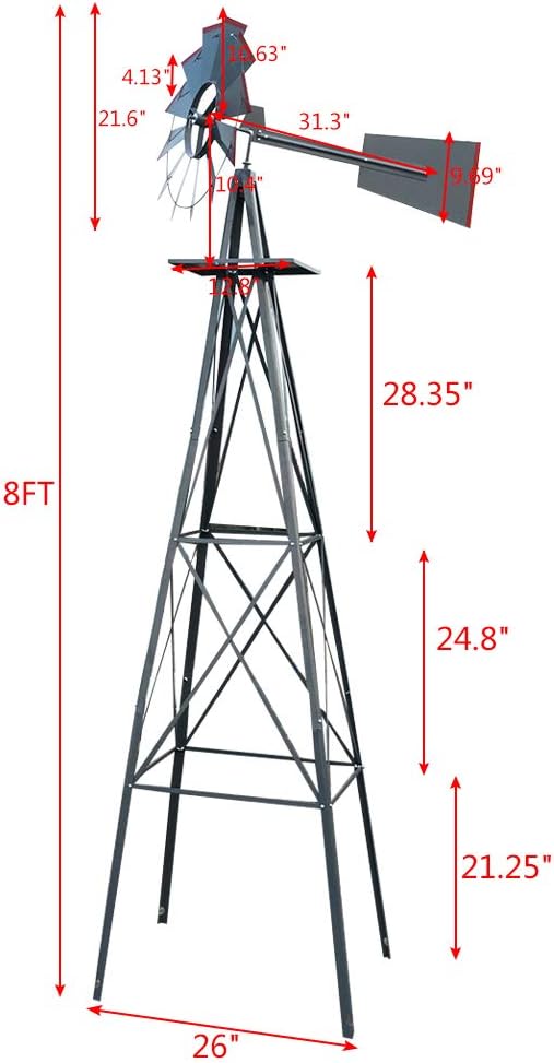 Garden Windmill for Yard Decor, 8 ft Tall Metal Windmill with Spinning Blades, Weather-Resistant Outdoor Windmill for Lawn, Farmhouse, Rustic & Farm Decor, Grey