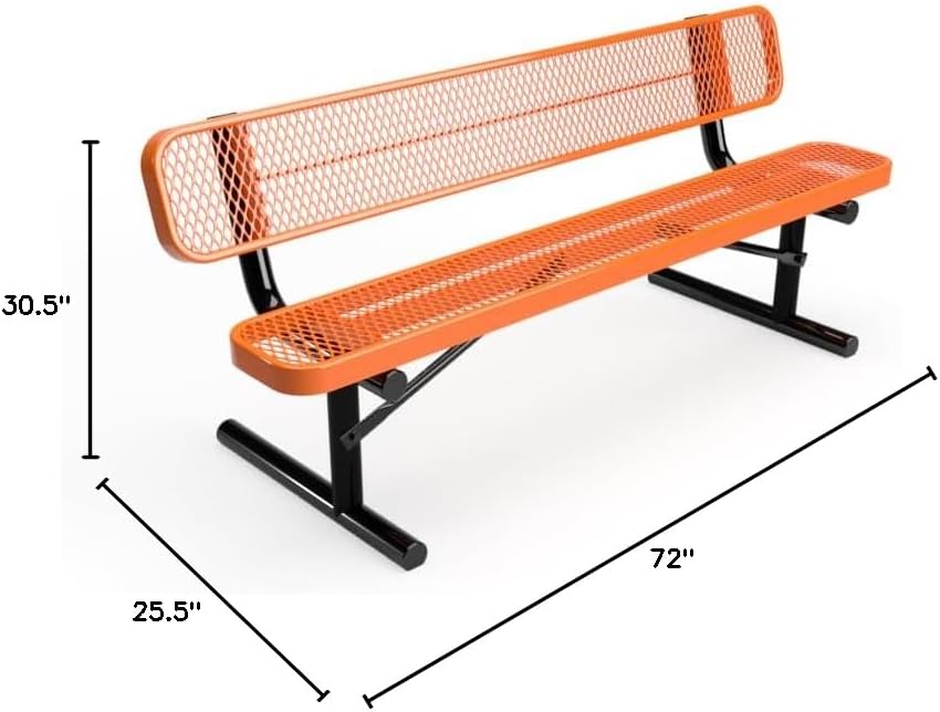 Coated Outdoor Furniture Heavy-Duty Portable Outdoor Bench Thermoplastic Coated, Expanded Metal, Commercial-Grade Seating, Made in America (Portable with Back, 6 Ft, Orange)