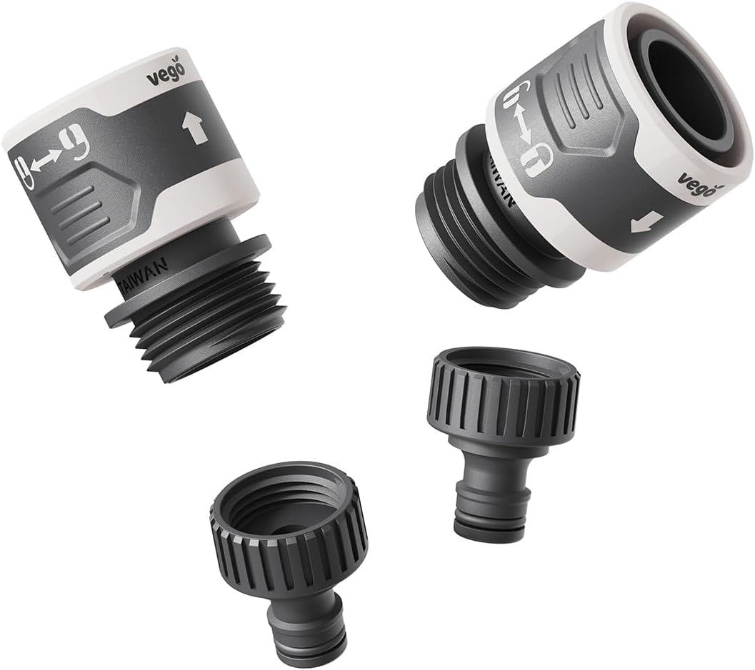 Vego Garden Hose Fitting Quick Connector Set with Water Stop & Lock Feature Quick Release Kit Hose Fittings and Adapters- V1 Set of 4