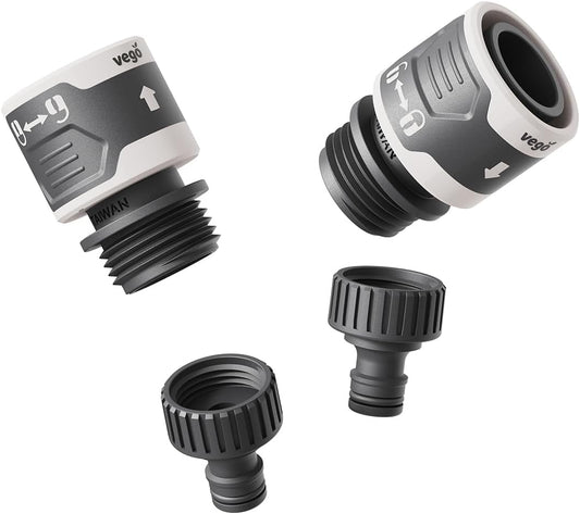 Vego Garden Hose Fitting Quick Connector Set with Water Stop & Lock Feature Quick Release Kit Hose Fittings and Adapters- V1 Set of 4