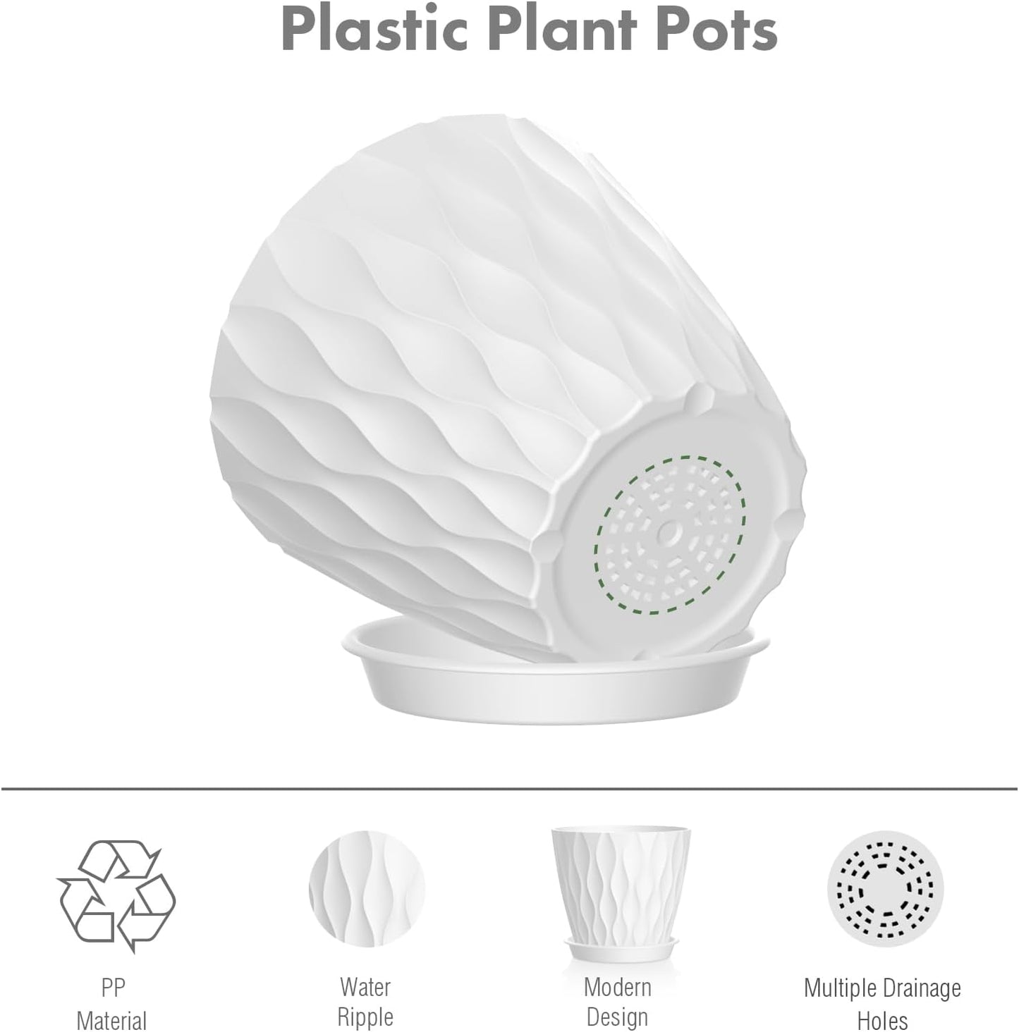 6 inch Flower Pots, 5 Pack Plant Pots for Indoor Outdoor Plants, Water Ripples Plastic Planters with Drainage Holes and Saucers, Nursery Pots for Small Succulent Garden House Plants, White