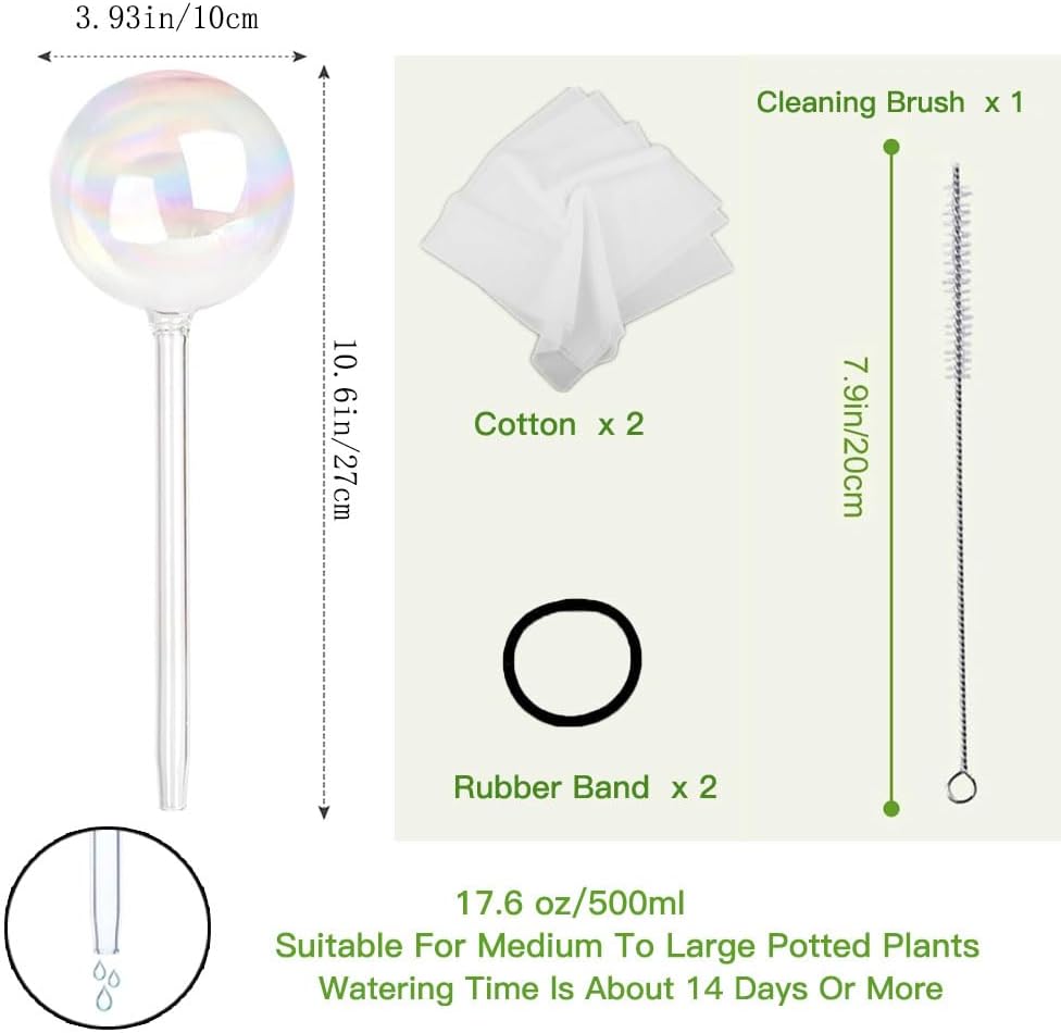 17 Oz 2 Weeks Glass Plant Watering Globes Large for Indoor Outdoor Potted Plants Self Watering Planter Insert Bulbs Water Plants While Away Vacation Devices (Iridescent Large 2-Pack)