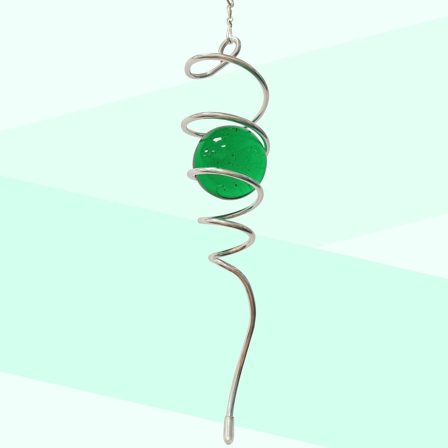 Wind Spinner Tail with Green Glass Orb,Gazing Ball Spiral Tail,Wind Spinners Stabilizer,Visual Illusion in Spinning Hanging Rotating Art Decor,Indoor Outdoor Garden Decoration-13in