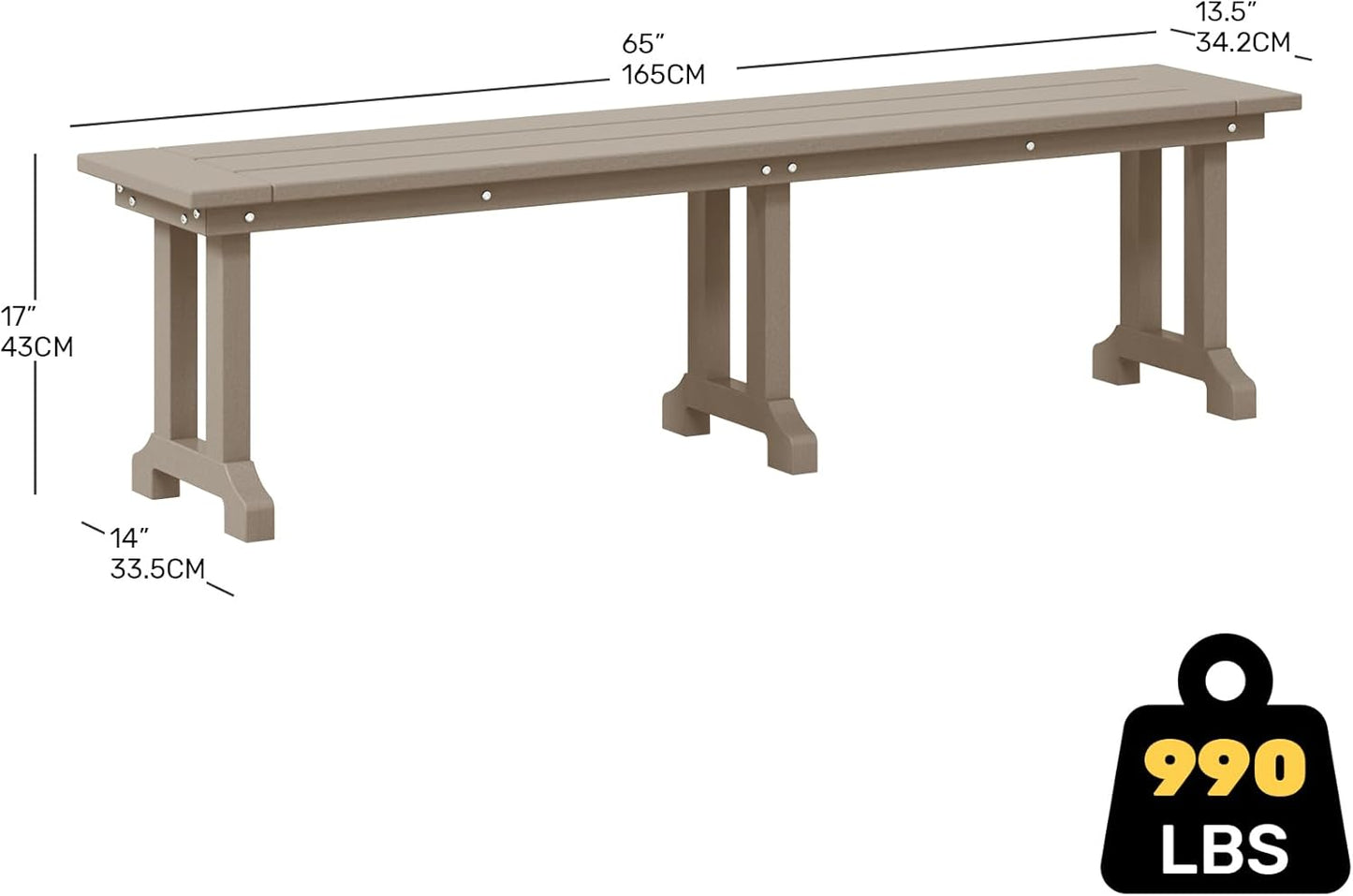 Outdoor Benches Weatherproof, Park Long Bench Poly Lumber Backless for Entryway Front Porch Garden Bench Seat for Patio, Weathered Wood