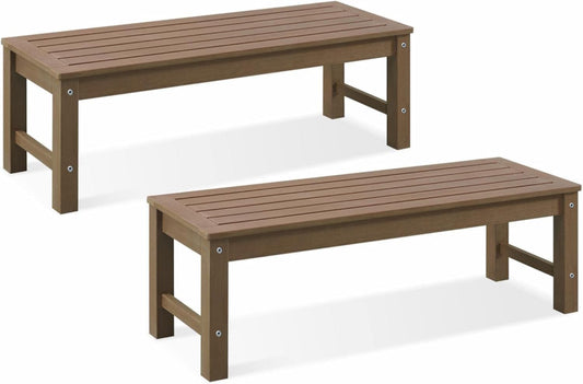 Psilvam Knight Bench Set of 2, Two Person Outdoor Poly Lumber Patio Backless Bench, Weatherproof Garden Bench That Never Rot and Fade, Suit for Church, School, Garden, Porch and Park (Brown)