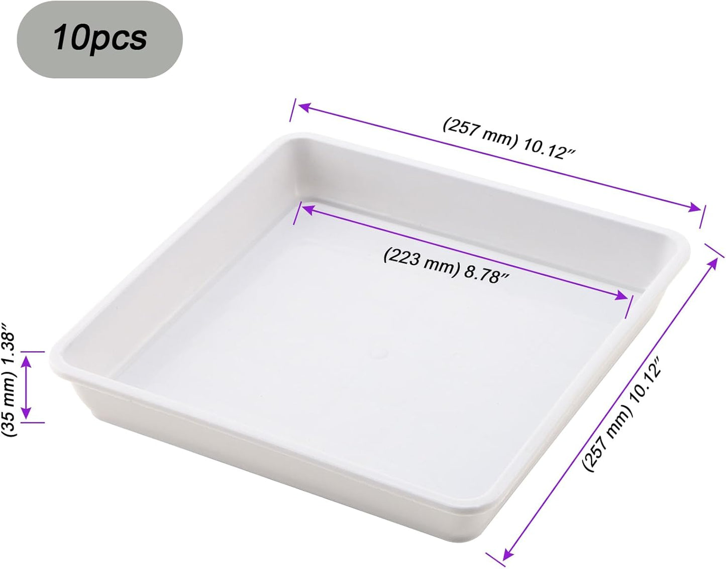 JOIKIT 10 PCS 10 x 10 Inch Square Plant Saucer, Plastic Plant Saucer Drip Tray, Square Flower Pot Tray for Indoors and Outdoor Plant Pots, 1.38 Inch Deep, White