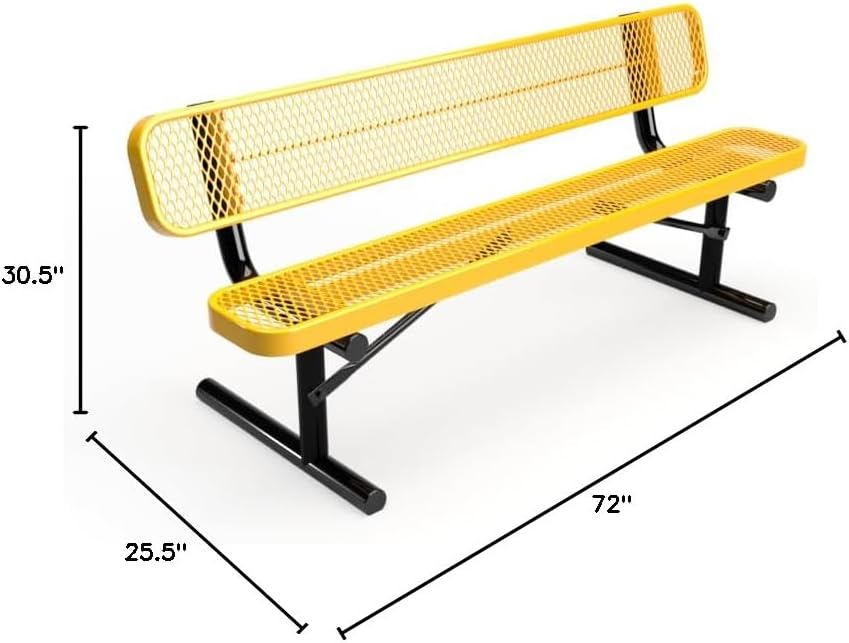 Coated Outdoor Furniture Heavy-Duty Portable Outdoor Bench Thermoplastic Coated, Expanded Metal, Commercial-Grade Seating, Made in America (Portable with Back, 6 Ft, Yellow)