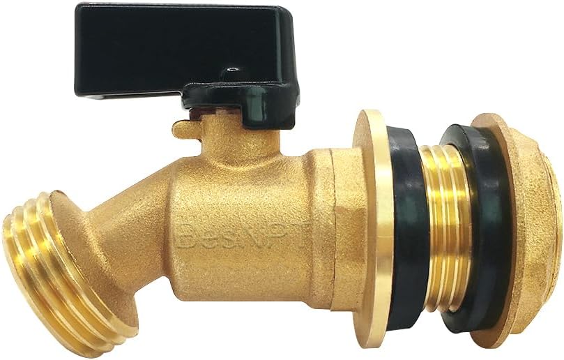 Brass Rain Barrel Spigot Water Tank Faucet, 3/4" NPS Male Inlet to 3/4" GHT Male Outlet, Quarter Turn Bulkhead Ball Valve