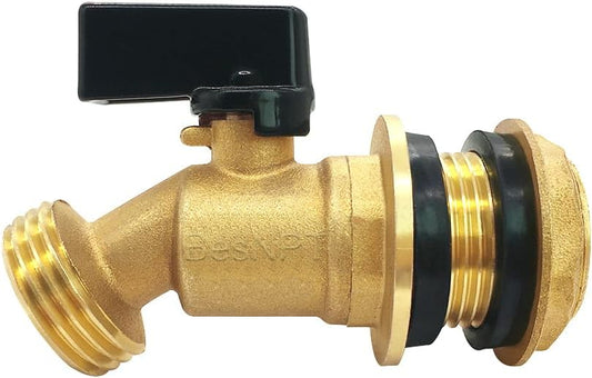 Brass Rain Barrel Spigot Water Tank Faucet, 3/4" NPS Male Inlet to 3/4" GHT Male Outlet, Quarter Turn Bulkhead Ball Valve