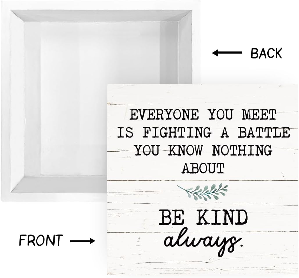 Inspirational Wood Block Signs, Positive Wood Decor, Shelf Table Decor, Desktop Decoration for Home Room Bedroom Office, Rustic Decorative Box Signs, Be Kind Always Sign, White