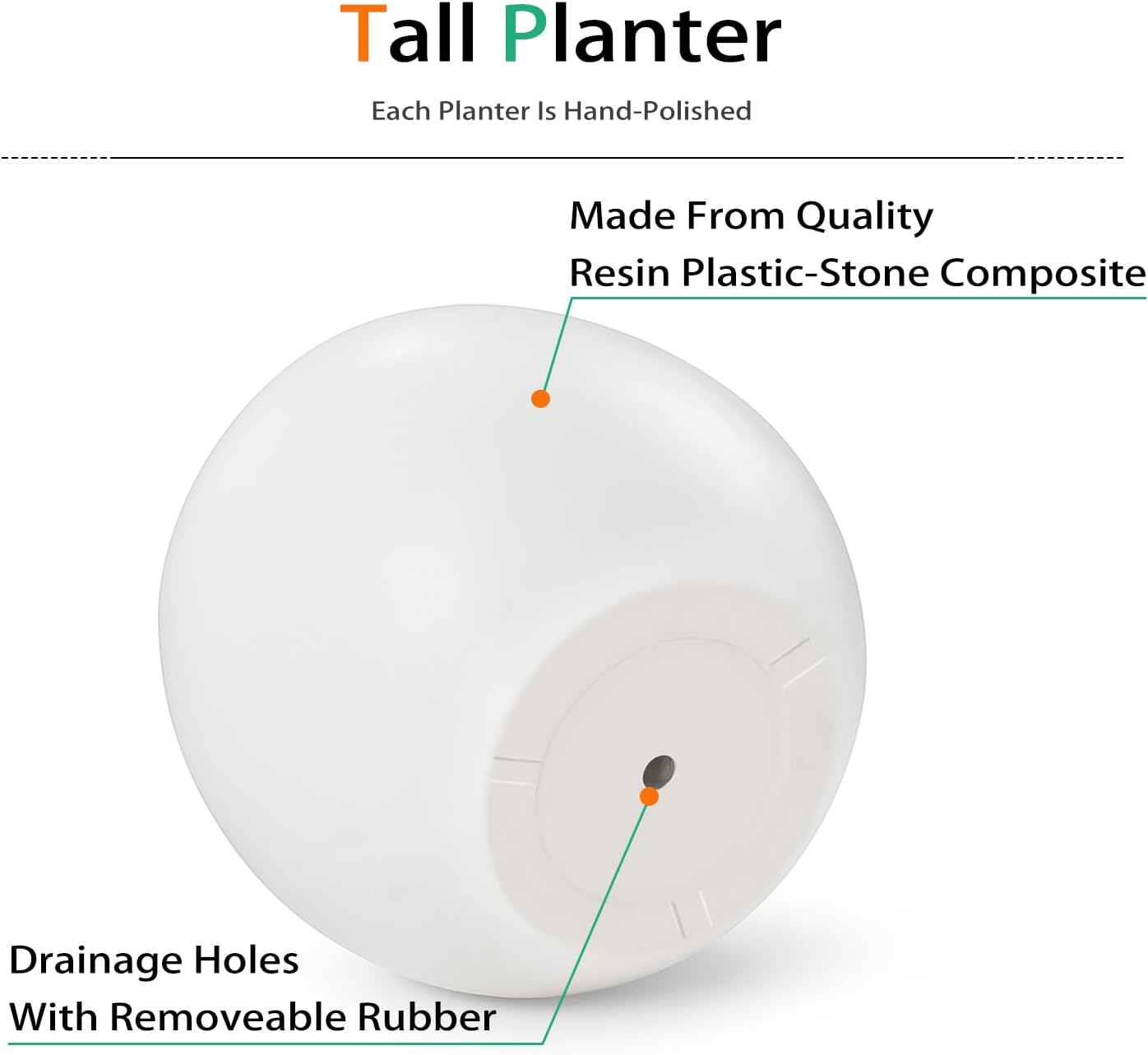 Ball Fiberstone Planter Outdoor Indoor, Large Tall Plant Pots for Front Porch, Patio, Garden (White, 20 inch)