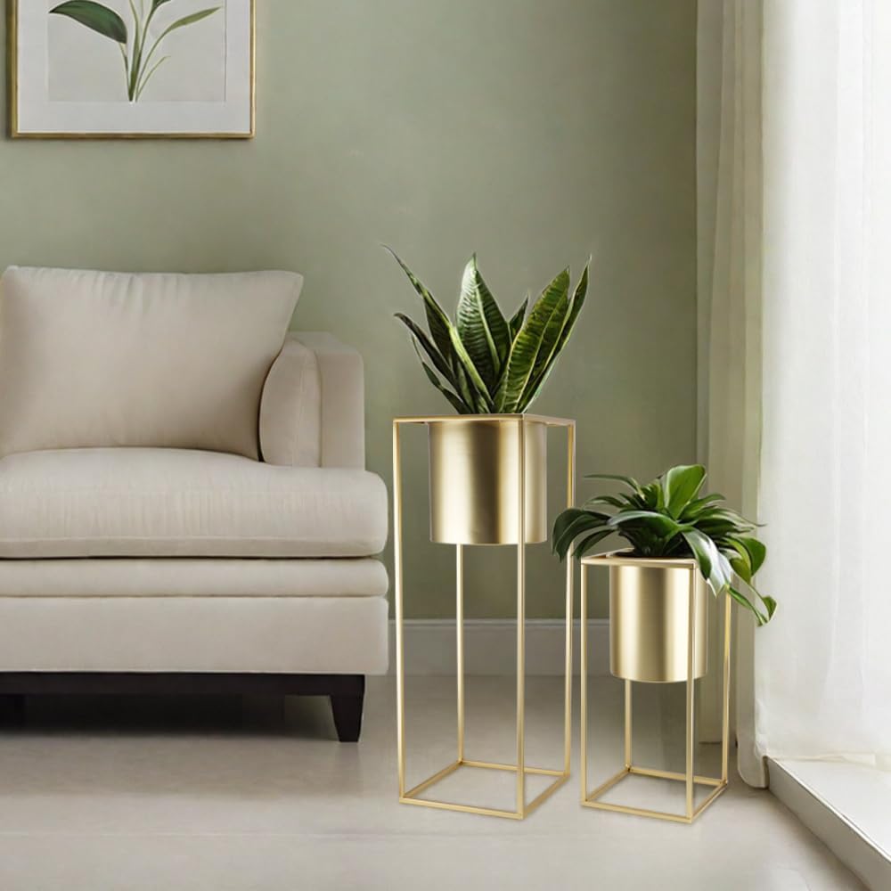 TRIROCKS Set of 2 Large Planters with Stand Gold Planter for Indoor Plants 28 &18" H Morden Plant Pots for Living Room Corner Kitchen Office Garden Balcony Patio Decor(Gold)