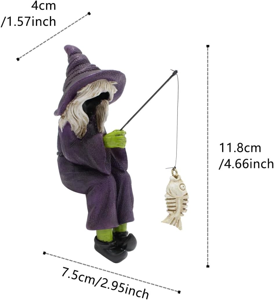 Fishing Witch Statue Funny Halloween Decorations, 4.7 Inch Sitting Witch Figurine Shelf Sitter Resin Sculpture for Outdoor Garden Yard Lawn Pond Waterfalls Pool Ornaments