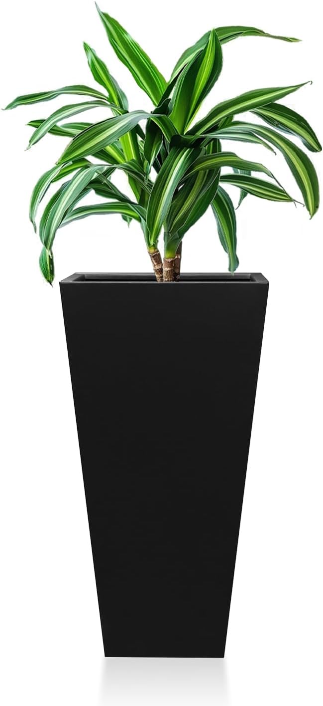 Tall Tapered Planter Front Porch Metal Flower Plant Pot Black 26 in Indoor Outdoor Galvanized Steel Modern Planter for Garden Patio Grande Plant Tree Commercial Residential