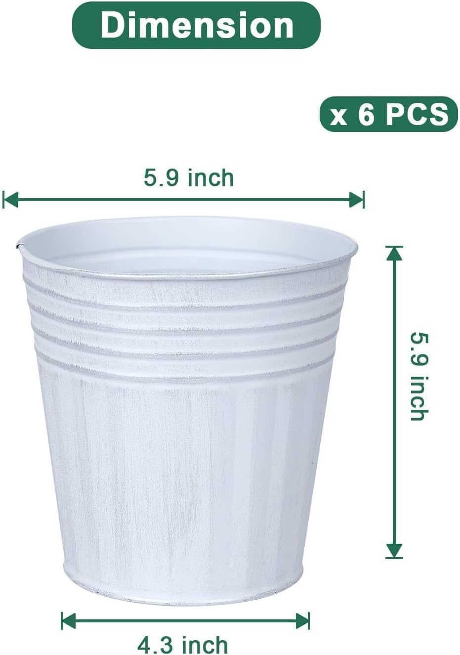6 Inch White Metal Rustic Flower Pots - 6Pcs Galvanized Planters with Drainage Hole and Rubber Plug, Rustproof Metal Bucket Plant Pots Farmhouse Vintage Style for Decor