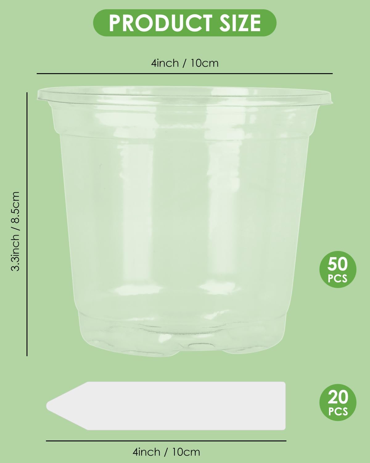 PACETAP 50Pack 4 Inch Reinforced Clear Nursery Pots with Drainage Holes, Variety Pack Plastic Plant Pots with 20 Plant Labels for Indoor Outdoor Flower Seed Starter