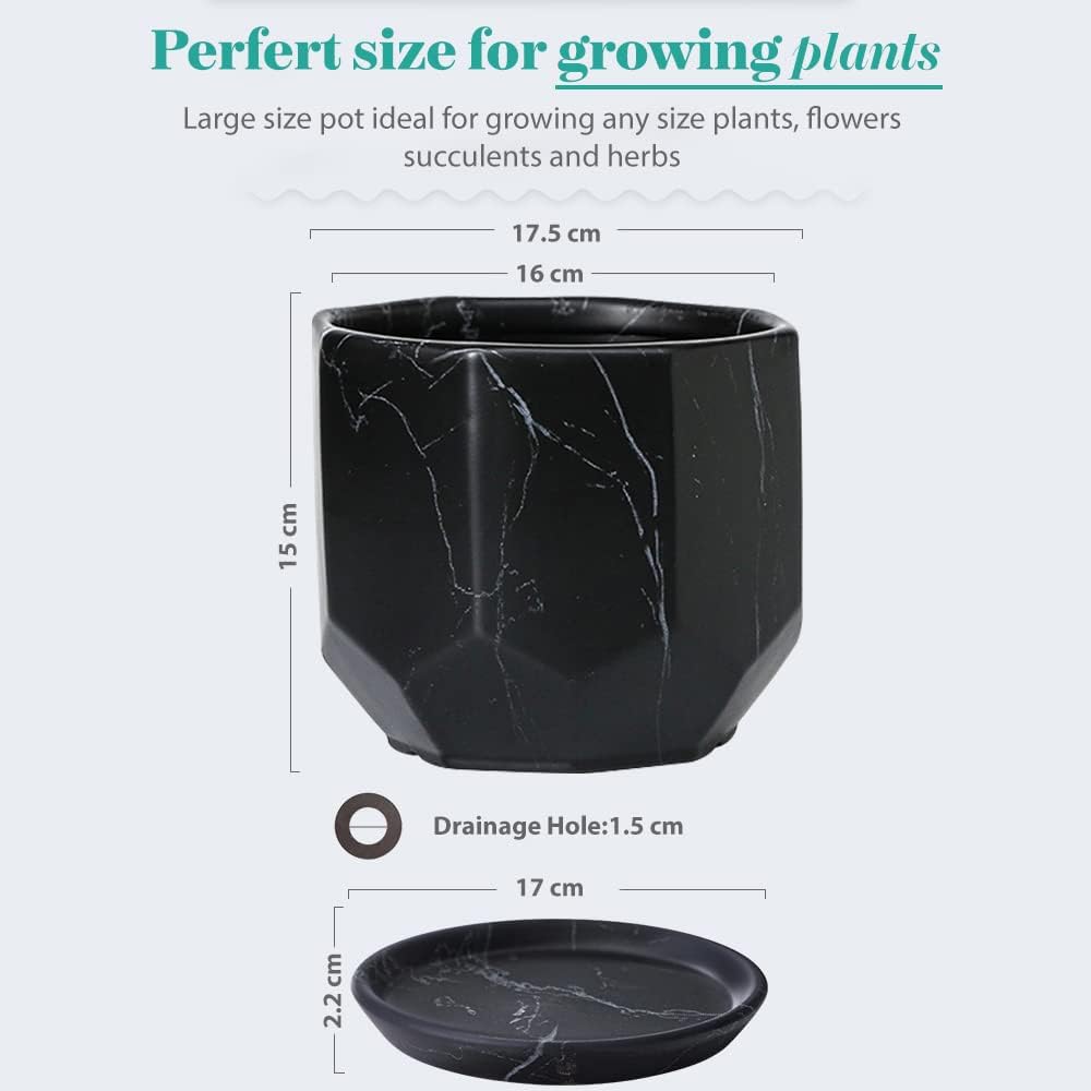 Large Marble Black Plant Pot with Drainage Holes and Saucers, Ceramic Pots for Indoor Outdoor Plants, 7 Inch Premium Hand Glazed Planters for Flower, Garden, Succulent, Nursery, Home Decor