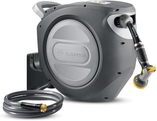 Retractable Garden Hose Reel 1/2 in x 130 ft Upgraded UV Resistant Heavy Duty Automatic Hose Reel Wall Mount 3/4 in Brass Fitting 9 Pattern Nozzle Any Length Lock Slow Retraction