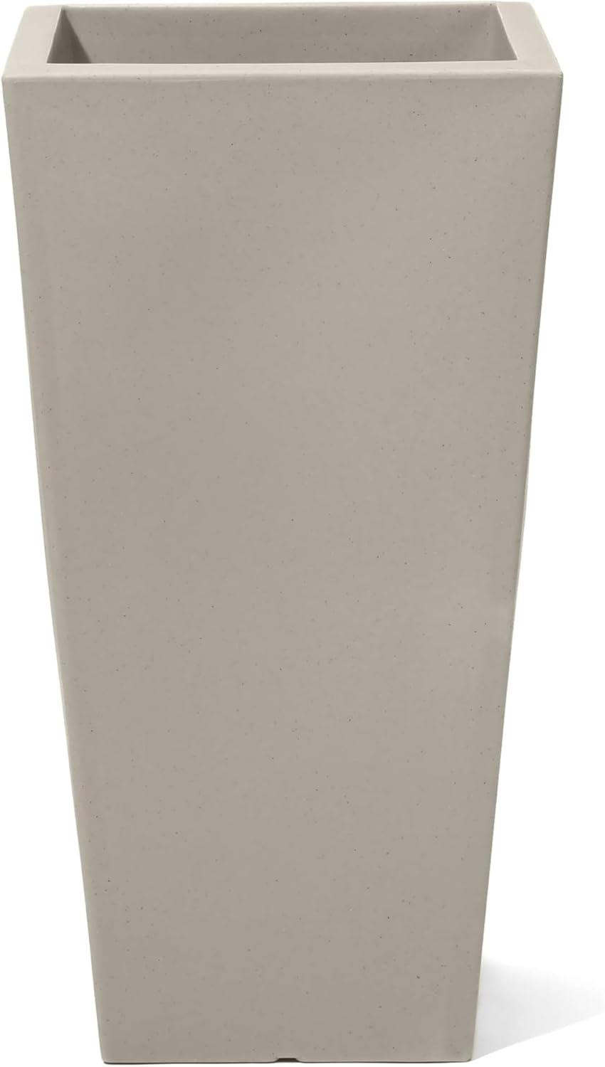 Step2 Tremont Tall Square Tapered Planter, Large Planters for Outdoor Plants, Gardening and Flower Pot for Patio or Porch, Efficient Drainage, Durable Plastic, Concrete, 1-Pack