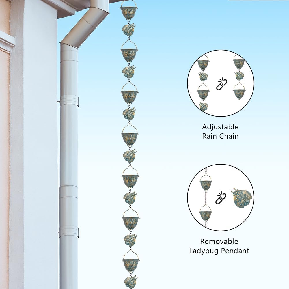 9.2 FT Rain Chain, Metal Rain Gutter Chains with 12 Cups & Detachable Ladybugs Decor, Adjustable Rain Catcher Chain with Bell for Outddor Decor, Replacement for Downspout