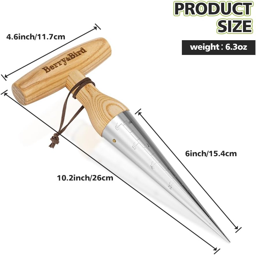 Berry&Bird Hand Dibber – Precision Wood Handle Garden Hole Punch Dibbler Tool for Planting Seeds & Bulbs with 6'' Measuring Scale, Bulb Planter for Planting Flowers Tulips Daffodils Dahlias
