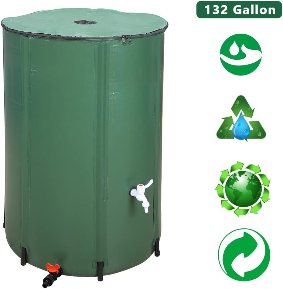 132 Gallon Collapsible Rain Barrel, Portable Rainwater Collection System, Water Storage Tank, Rain Catcher Barrel with Two Spigots and Overflow Kit, Rain Water Barrel Collector for Garden, Green