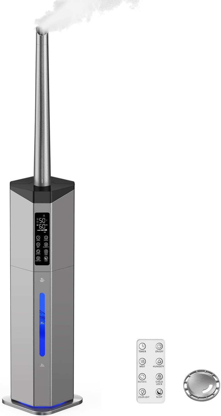 Humidifiers for Bedroom - GloryAir 2.38Gal/9L Dual Atomizers Top Fill Humidifier for Large Room 2000ft² with Auto Rotation 7-Color Light Humidistat Quiet Commercial Humidifiers for House Plants Baby