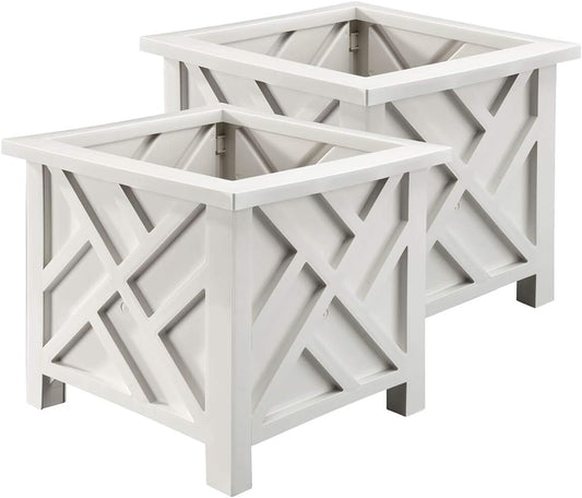 Miles Kimball Set of 2 Chippendale Planter Boxes, White – Outdoor Flower Holder for Garden, Patio and Lawn – 14 ¾” sq. x 13 ¼ H Overall