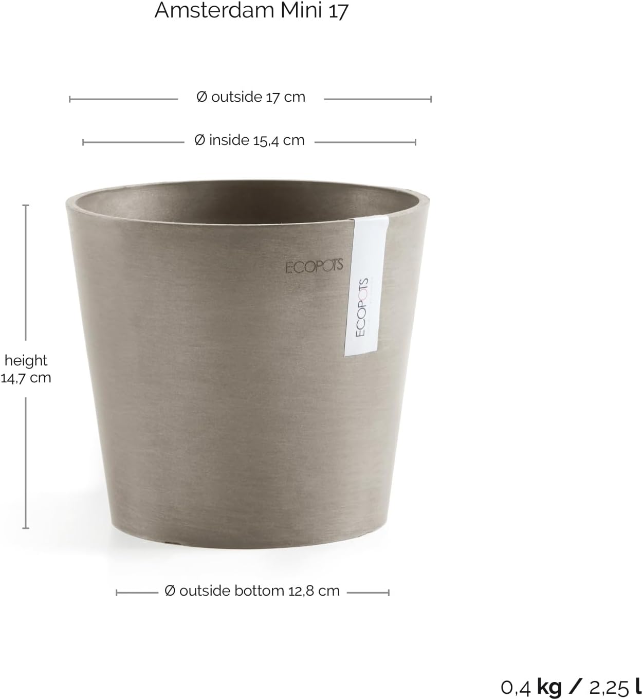 Ecopots Amsterdam Mini Durable Modern Round Recycled-Based Composite Flower Pot Planter, Taupe, 7"