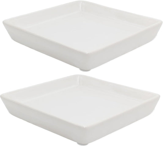 Square Plant Saucer 10 Inch 2 Pack，Plant Trays for Pots, White Ceramic Plant Saucers for Indoors Outdoors, Plant Drip Tray 4 6 8 10 12 14 Inch